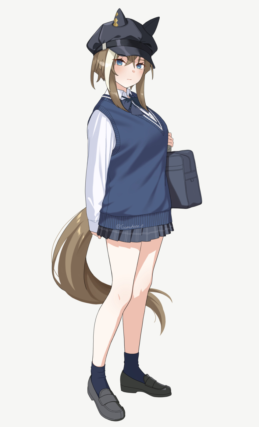 1girl, alternate_costume, animal_ears, bag, blue_bow, blue_eyes, blue_socks, blue_sweater_vest