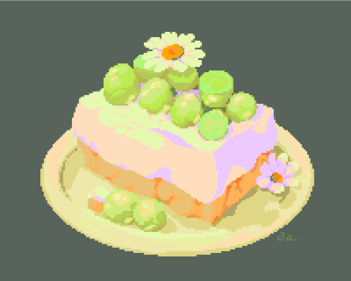 clarissa_(clarigaricus), commentary, daisy_(flower), english_commentary, flower, food, food_focus, fruit, fruit_tart, grapes, green_background, hue_shifting, limited_palette, no_humans, original, pixel_art, plate, simple_background, still_life, tart_(food), white_flower