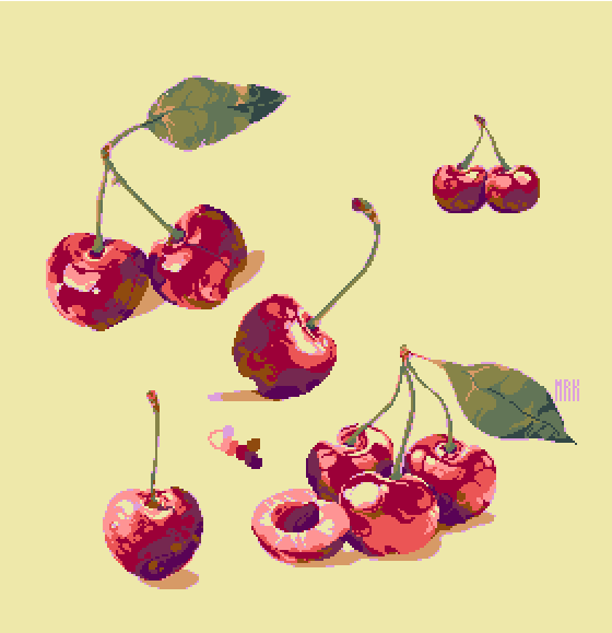 cherry, clarissa_(clarigaricus), commentary, food, food_focus, fruit, leaf, limited_palette