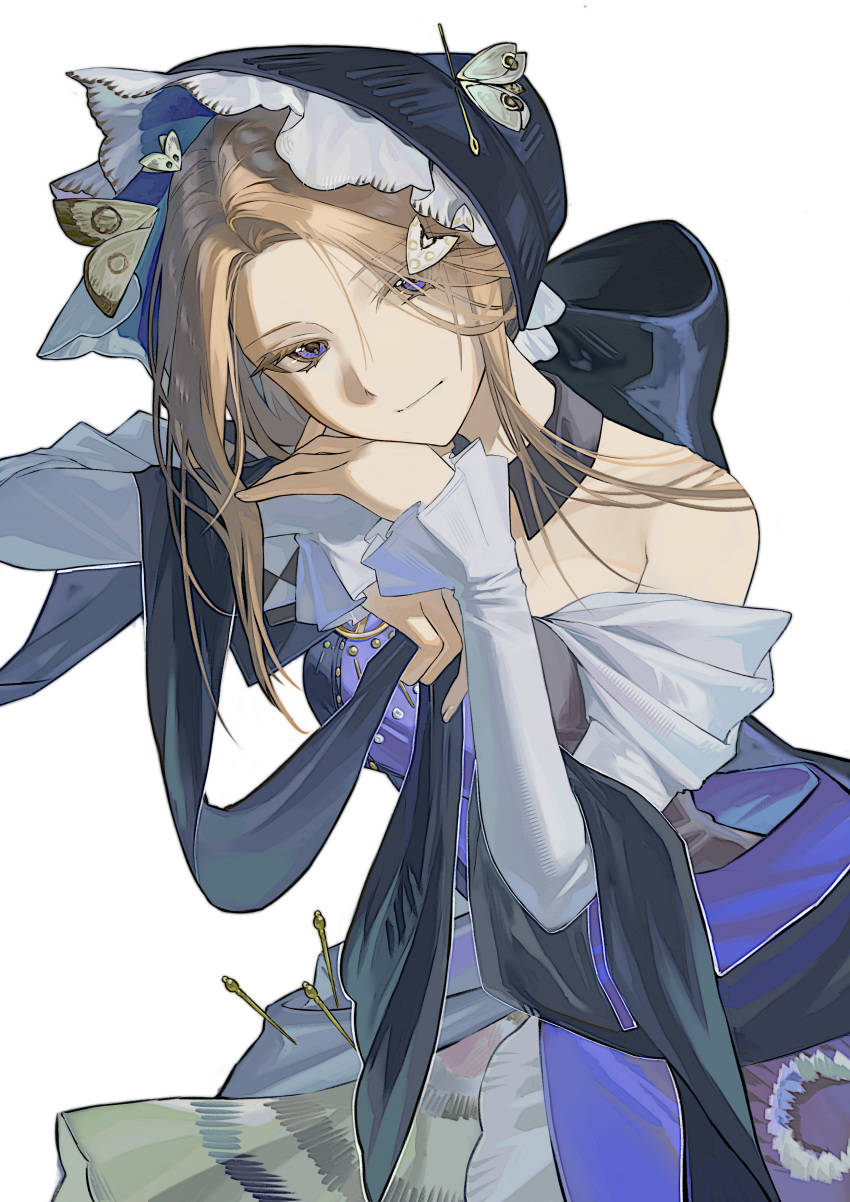 1girl, absurdres, bare_shoulders, bingniao, black_bonnet, blue_dress, blue_eyes, bonnet