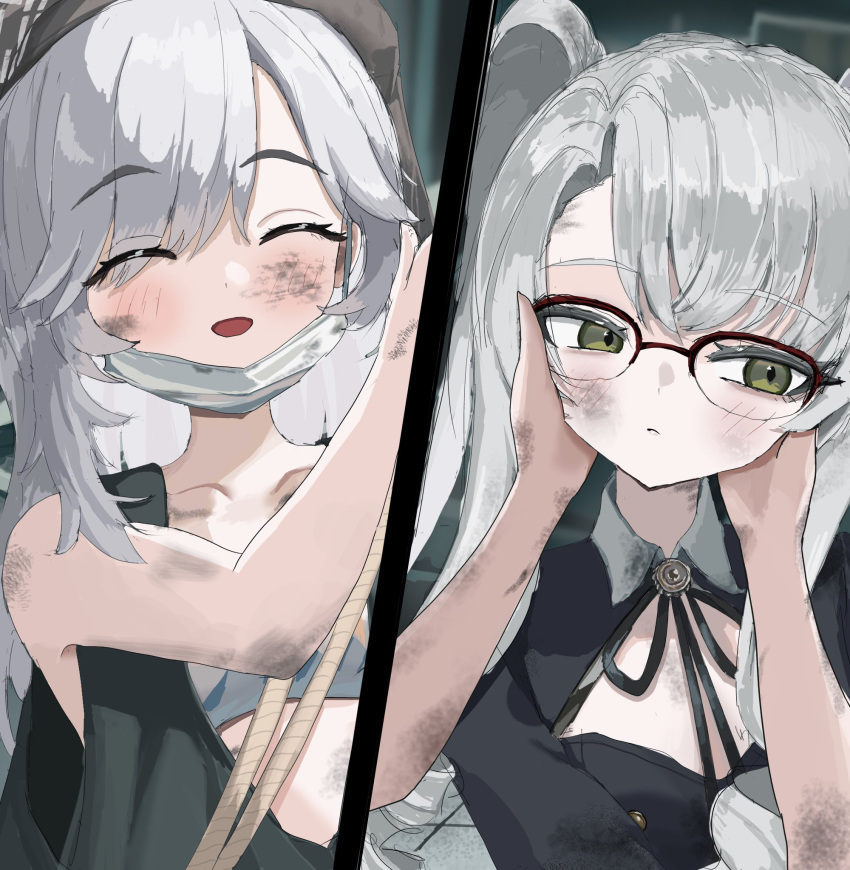 2girls, averting_eyes, black_dress, blush, closed_eyes, commentary_request, dirty, dirty_arm