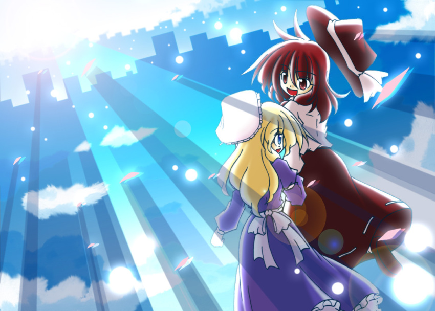 black_hat, black_skirt, blonde_hair, blue_eyes, bow, brown_eyes, brown_hair, clouds, dress, excited, floating_lights, frilled_dress, frills, from_behind, happy, hat, lens_flare, light_rays, looking_at_another, looking_back, maribel_hearn, mob_cap, nanashino_souta, purple_dress, shirt, skirt, sky, skyline, smile, sunbeam, sunlight, touhou, touhou_7th_popularity_poll, usami_renko, walking_away, white_bow, white_hat, white_shirt