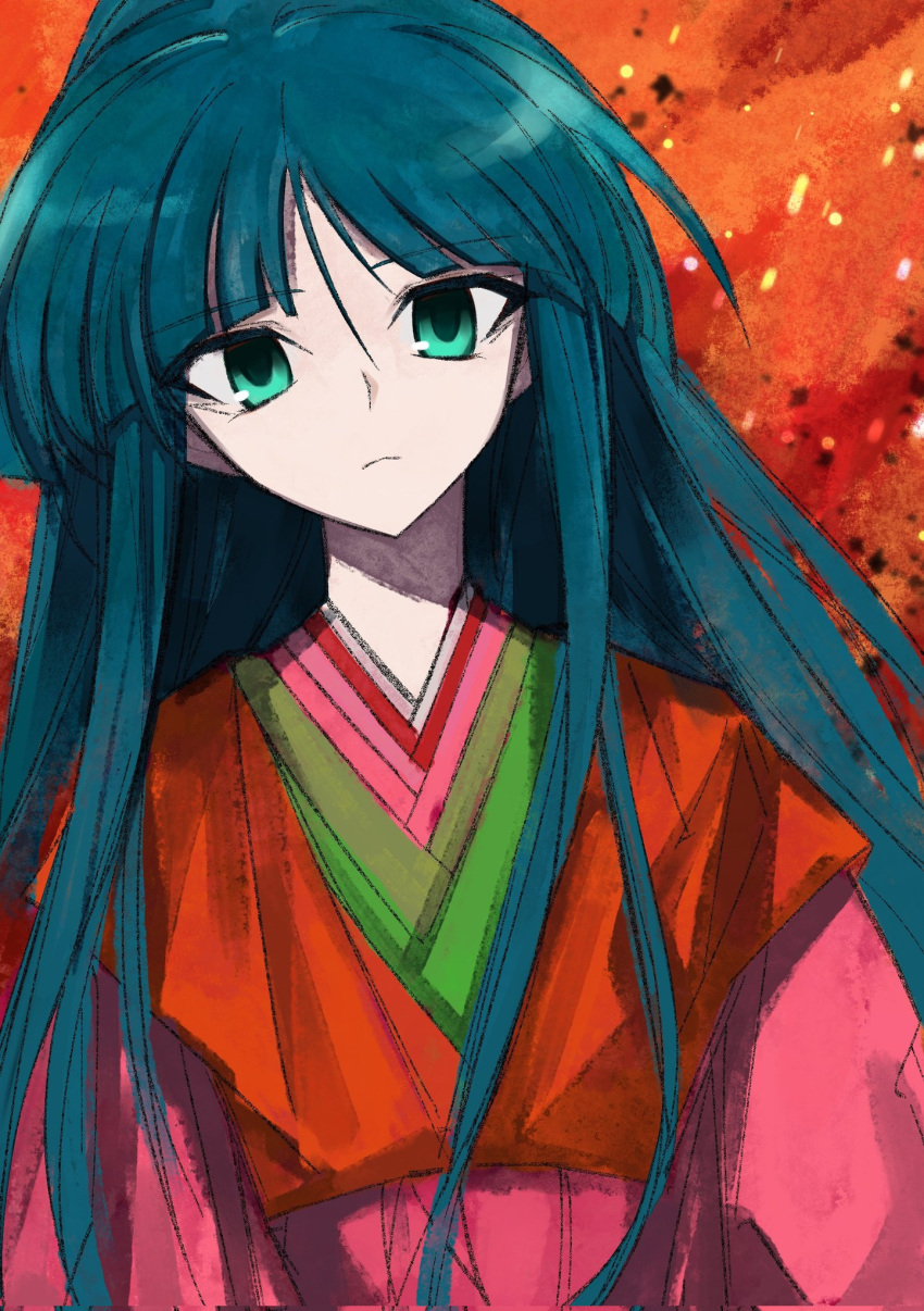 1girl, aqua_eyes, blue_hair, blunt_bangs, closed_mouth, embers, expressionless, highres