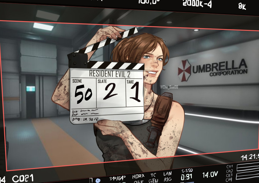 1girl, alternate_universe, black_shirt, brown_hair, che_sue00, claire_redfield, clapperboard, copyright_name