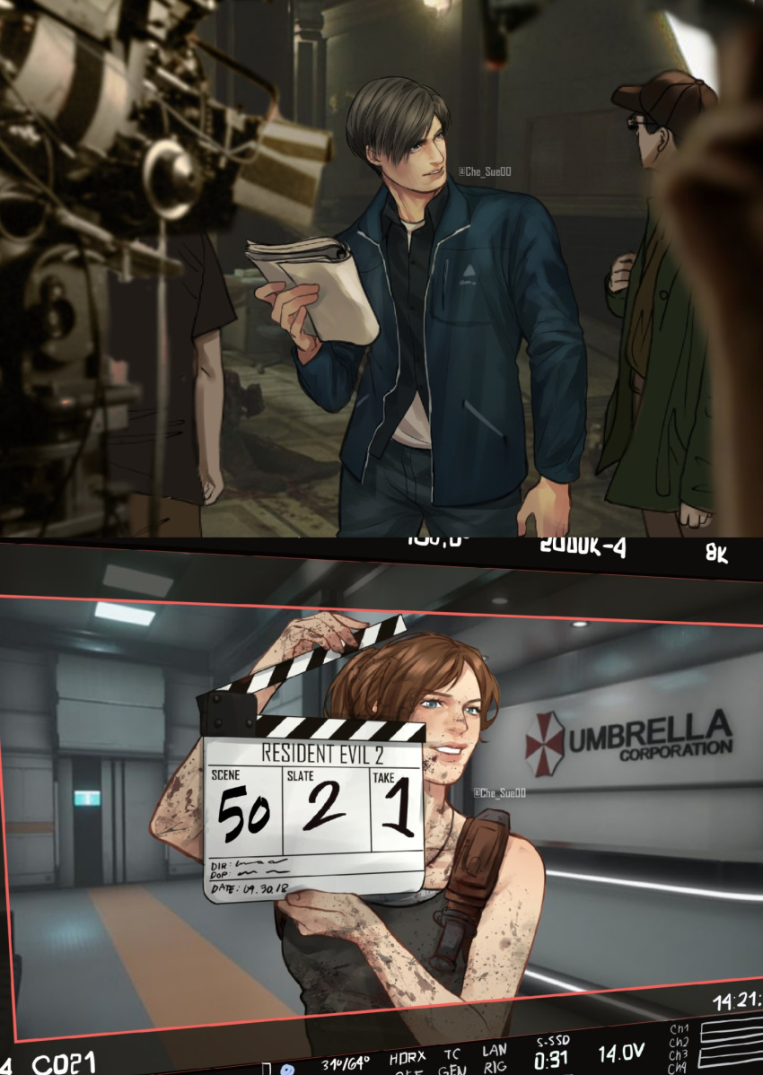 1boy, 1girl, 1other, alternate_universe, black_shirt, blue_eyes, blue_jacket, blurry