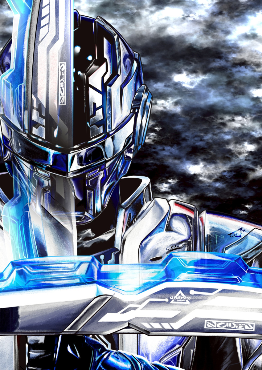 1boy, 4ze_meteor, absurdres, armor, armored_bodysuit, assault_visor, bilingual_commentary, black_background