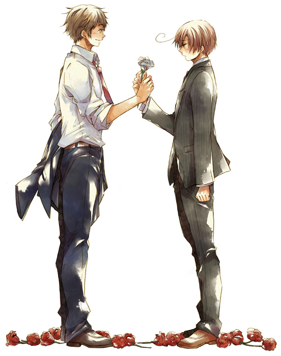 ahoge, alternate_costume, arm_up, axis_powers_hetalia, blush, brown_hair, clenched_hand, fist