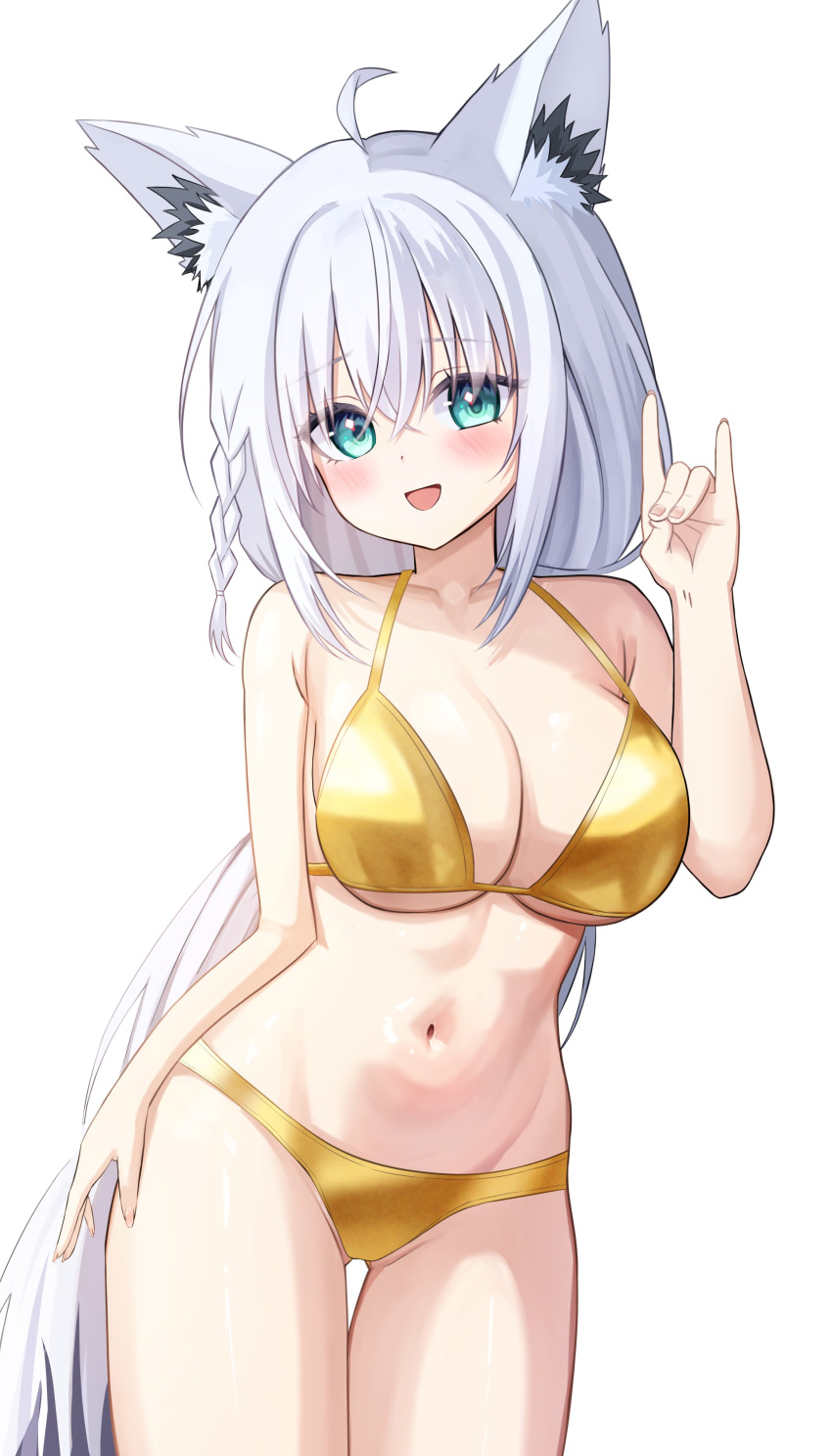 1girl, absurdres, ahoge, animal_ear_fluff, animal_ears, bikini, blush, braid