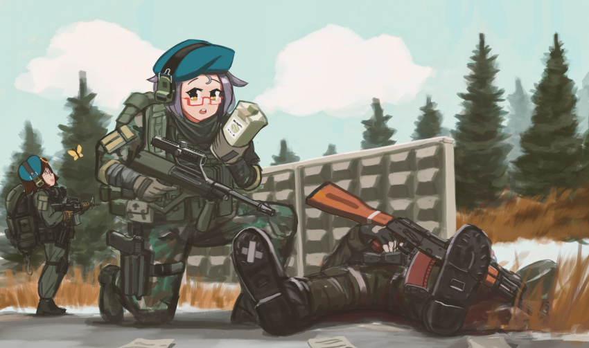 1girl, 2girls, absurdres, ar-15, assault_rifle, backpack, bag, beret