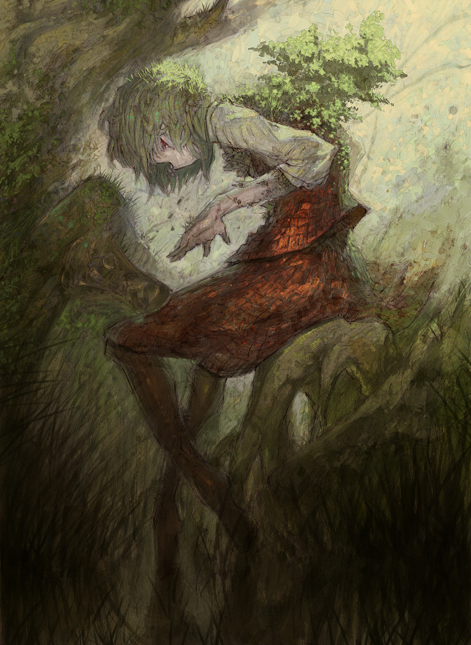 chomoran, green_hair, highres, kazami_yuuka, leaning_forward, nature, pantyhose, plaid