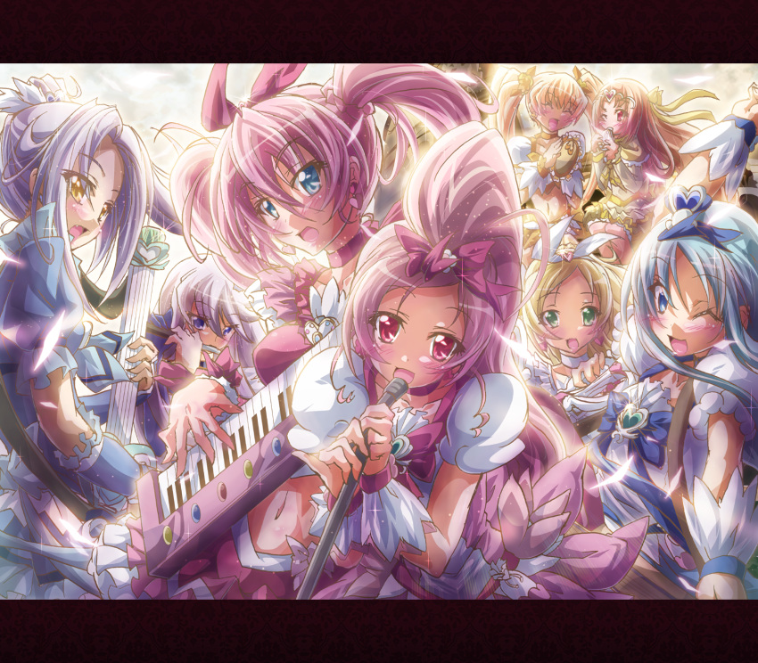 band, blonde_hair, blue_eyes, blue_hair, blush, brown_hair, cure_beat, cure_blossom