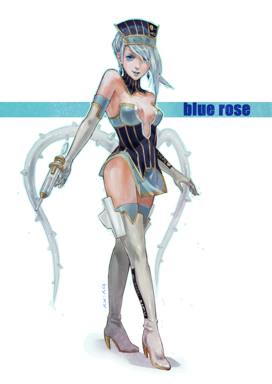 bare_shoulders, blue_eyes, blue_hair, blue_rose_(tiger_&amp;_bunny), boots, breasts, character_name, cleavage