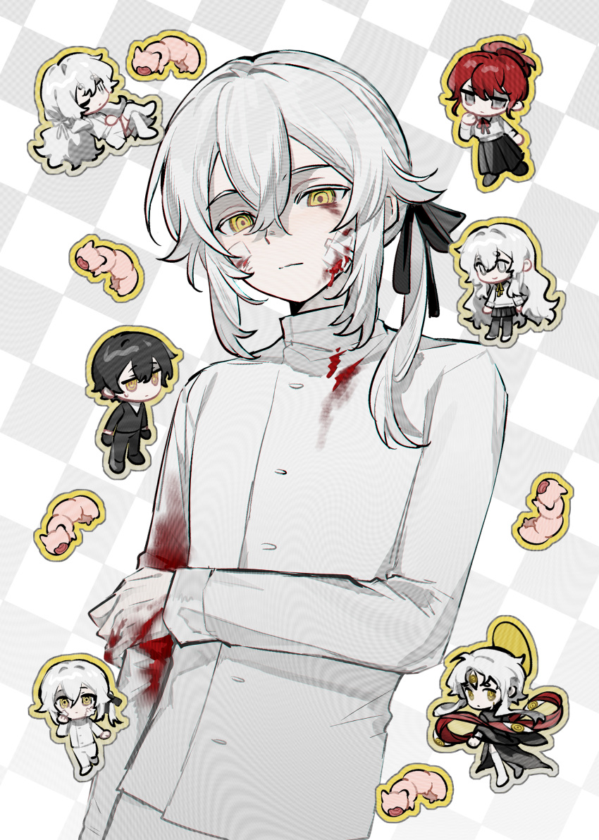2boys, 4girls, absurdres, bandage_on_cheek, bandage_on_face, bandages, black_dress, black_hair