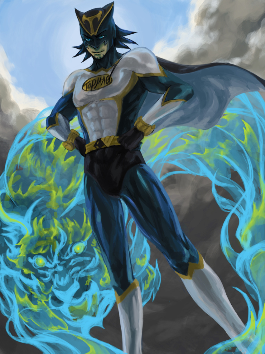 blue_eyes, blue_fire, blue_flame, brown_eyes, cape, facial_hair, fire, fire_body