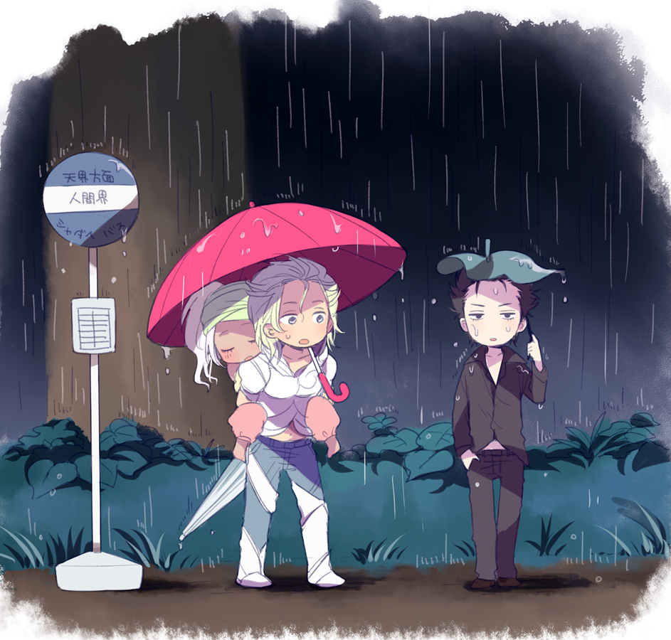 armor, black_hair, blonde_hair, bus_stop, closed_eyes, el_shaddai, enoch, eyes_closed