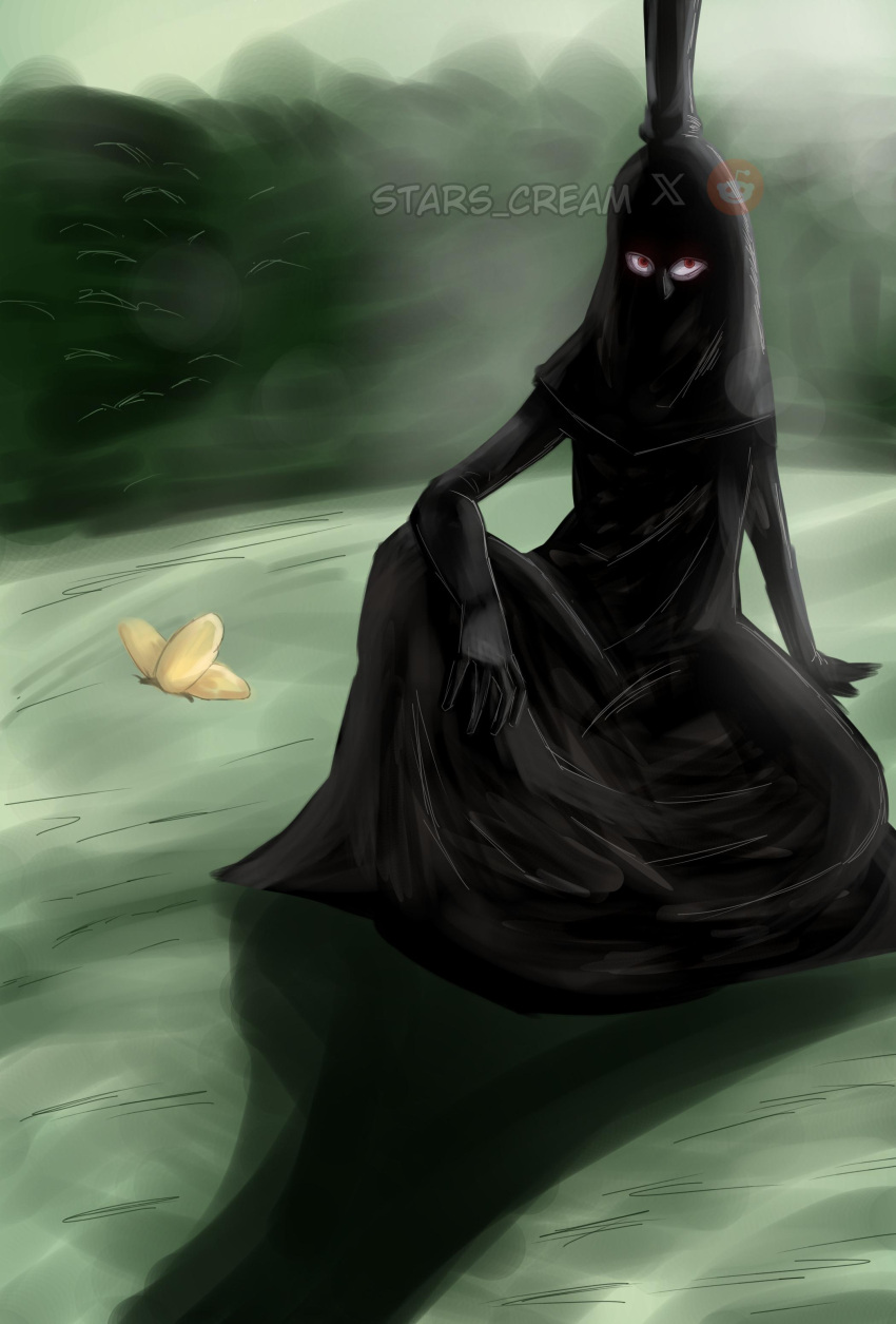 1boy, absurdres, animal, arm_support, artist_name, berawholoves42069, black_robe, bug, butterfly, commentary, crown, english_commentary, full_body, hand_on_floor, hand_rest, highres, nerona_imu, nerona_imu_(silhouette), one_piece, red_eyes, reddit_logo, reddit_username, robe, shadow, silhouette, sitting, twitter_logo, twitter_username, yellow_butterfly