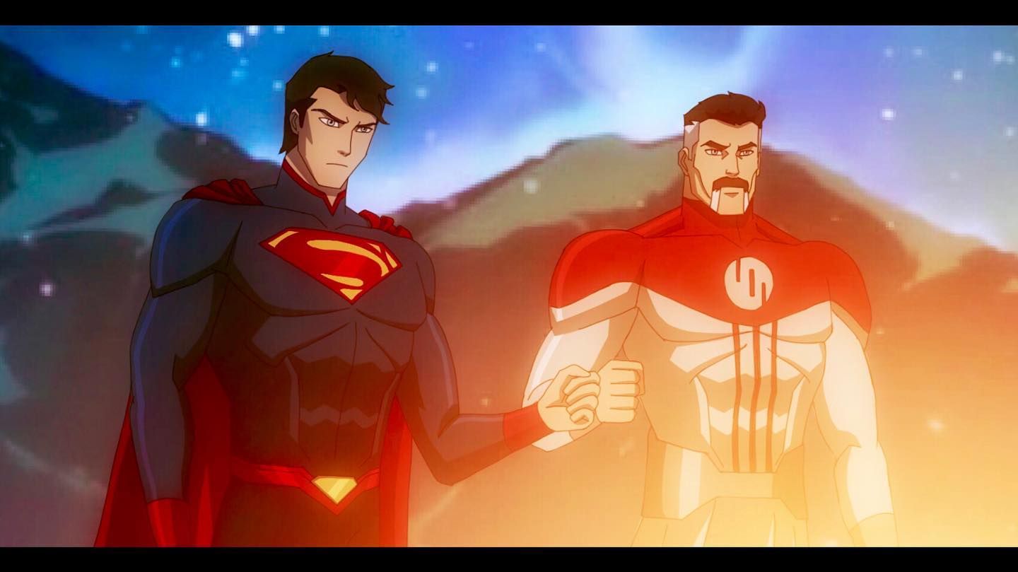 2boys, black_hair, blue_eyes, cape, crossover, dc_comics, facial_hair, fist_bump, foltest_animations, grey_hair, hill, invincible_(series), multiple_boys, mustache, omni-man, sky, star_(sky), superman, superman_(series), viltrumite, viltrumite_clothes
