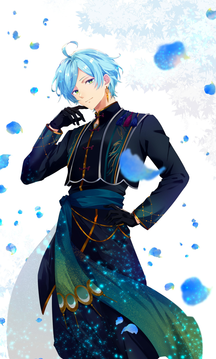 1boy, absurdres, ahoge, altered_(ensemble_stars!), black_gloves, blue_hair, blue_petals, closed_mouth, commentary, earrings, ensemble_stars!, gloves, green_eyes, hand_on_own_hip, hand_up, highres, jewelry, long_sleeves, looking_at_viewer, male_focus, mandarin_collar, official_alternate_costume, parted_bangs, petals, shinkai_kanata, short_hair, smile, solo, tassel, usui_(usui_koi), white_background