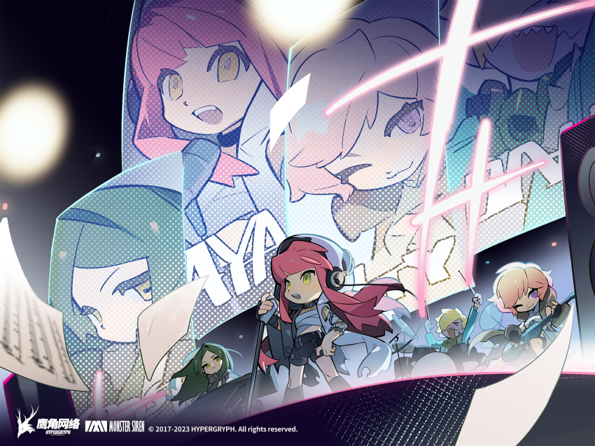 4girls, alty_(arknights), arknights, artist_request, aya_(arknights), black_shorts, dan_(arknights), drum