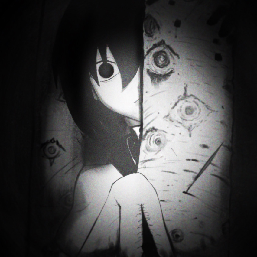 1girl, behind_tree, birch_tree, black_eyes, black_hair, black_shirt, bob_cut, close-up