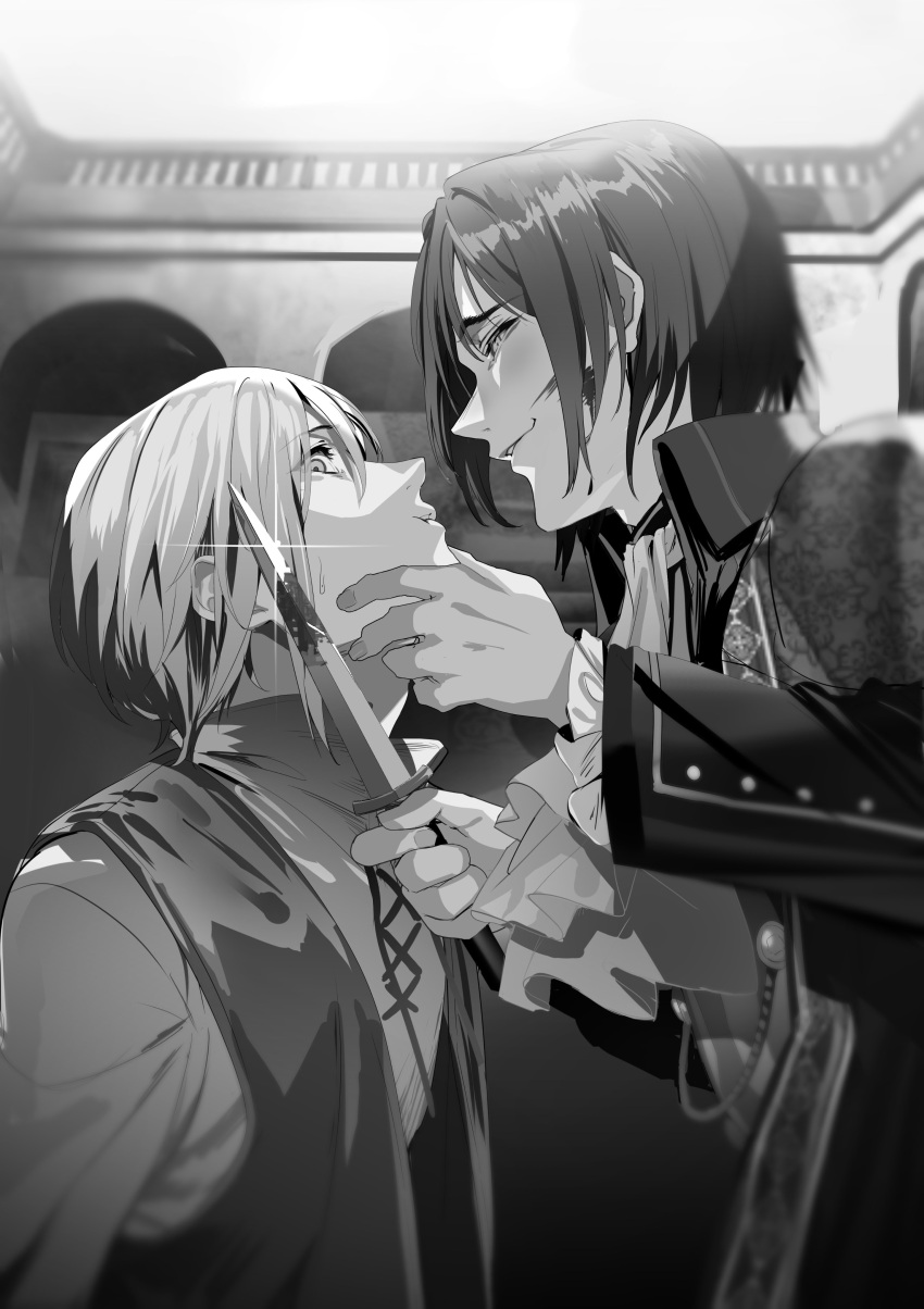 2boys, absurdres, ascot, commentary_request, evil_smile, eyes_visible_through_hair, glint, greyscale, hair_between_eyes, hakuchuumu_no_aojashin, harold_spencer, highres, holding, holding_knife, knife, looking_at_another, looking_to_the_side, male_focus, monochrome, multiple_boys, novel_illustration, official_art, second-party_source, shimofuri, shirt, short_hair, smile, william_shakespeare_(hakuchuumu_no_aojashin)