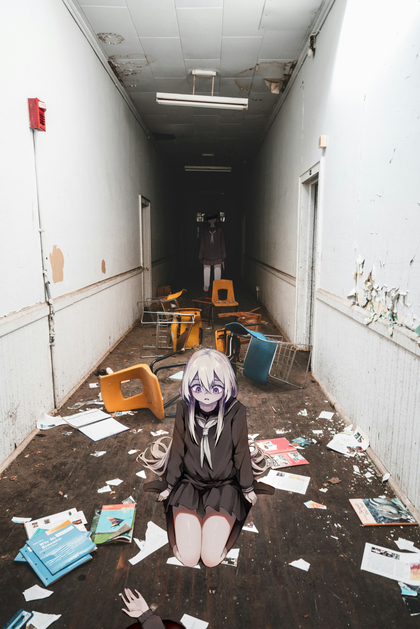2girls, abandoned, absurdres, black_sailor_collar, black_skirt, black_socks, blood, brown_shoes