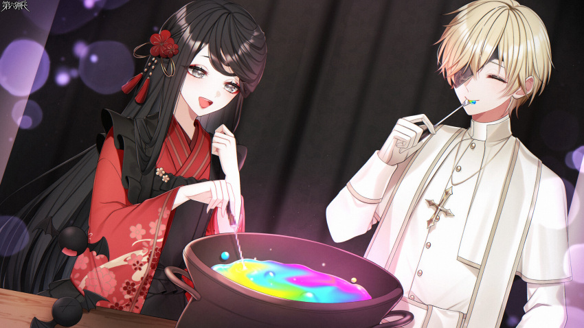 1girl, alfiedo_krofi, bat_(animal), black_hair, blonde_hair, cauldron, closed_eyes, copyright_name