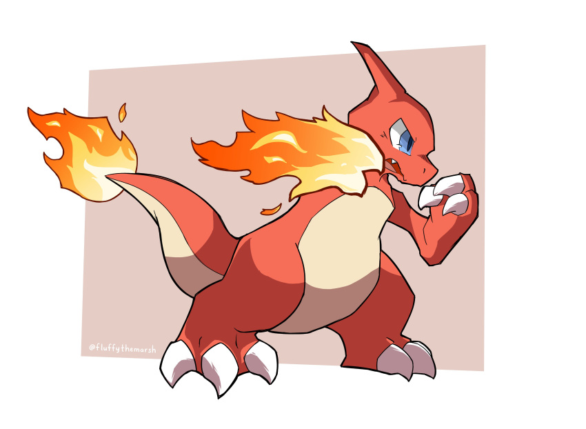 absurdres, blue_eyes, border, charmeleon, claws, fang, fire, fire_punch_(pokemon)