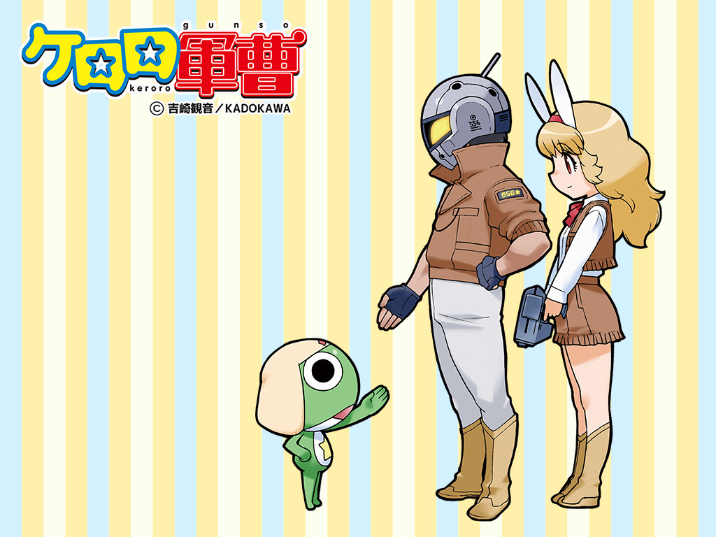 alien, black_eyes, boots, bow, bowtie, brown_hair, copyright_name, fingerless_gloves, frog, full_body, gloves, gun, hair_ornament, hat, helmet, jacket, keroro, keroro_gunsou, kogoro, lavie_(keroro_gunsou), long_hair, official_art, official_wallpaper, pants, shirt, shorts, simple_background, star_(symbol), weapon, yoshizaki_mine