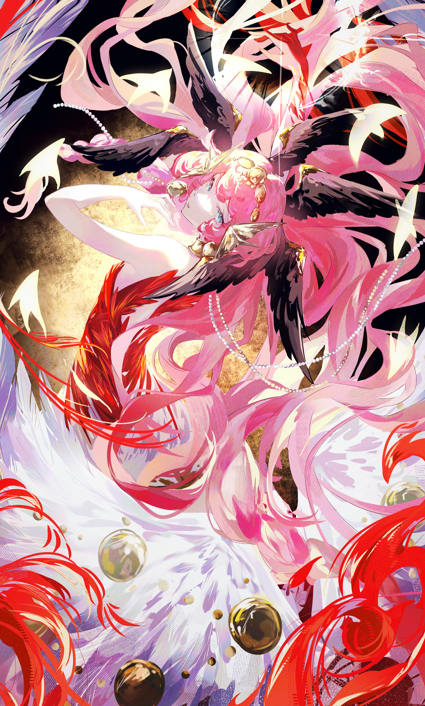 1girl, absurdres, bare_arms, bare_shoulders, black_wings, blue_eyes, dress, feathered_wings