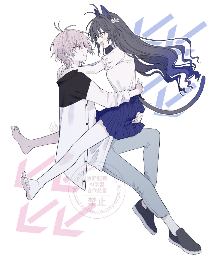 1boy, 1girl, ahoge, animal_ears, barefoot, black_hair, black_jacket, black_shoes