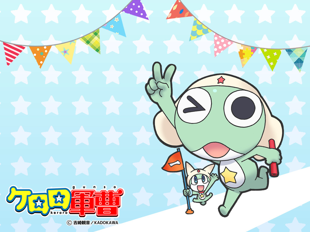 2boys, alien, black_eyes, blue_background, blue_eyes, choker, colored_skin, copyright_name, frog, green_skin, hat, jumping, keroro, keroro_gunsou, looking_at_viewer, multiple_boys, new_keroro_(keroro_gunsou), no_humans, official_art, official_wallpaper, one_eye_closed, simple_background, star_(symbol), v, yoshizaki_mine