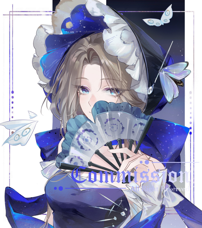1girl, absurdres, bare_shoulders, black_bonnet, blue_bow, blue_dress, blue_eyes, bonnet
