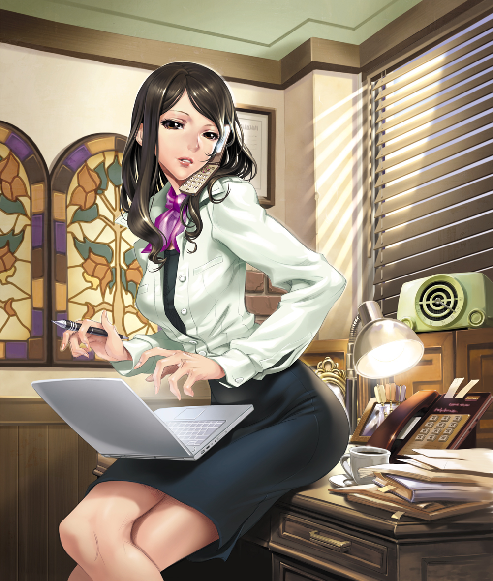 blinds, brown_eyes, brown_hair, cellphone, computer, cup, desk, lamp