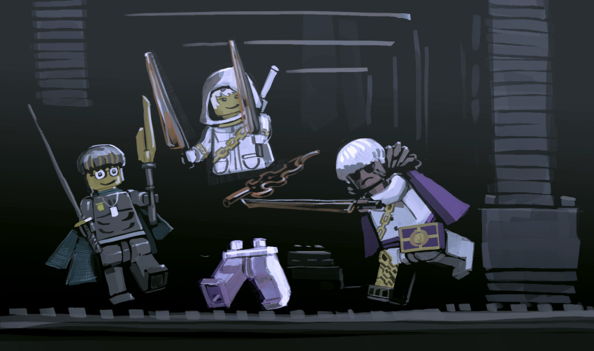 1girl, 2boys, bisected, book, cape, dark-skinned_male, dark_skin, glasses, highres, kira_(project_moon), lego, limbus_company, matthias_(project_moon), multiple_boys, project_moon, purple_cape, sword, the_g_(bhu204), vespa_crabro, weapon, white_hair