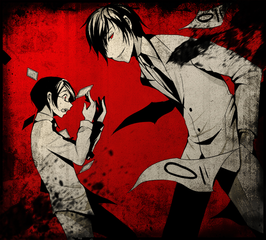 1boy, 1girl, 1other, glasses, higanbana_no_saku_yoru_ni, i-scream, kanamori_yoshihito, monochrome, nonomiya_takeshi, photo_(object), red_background, suit