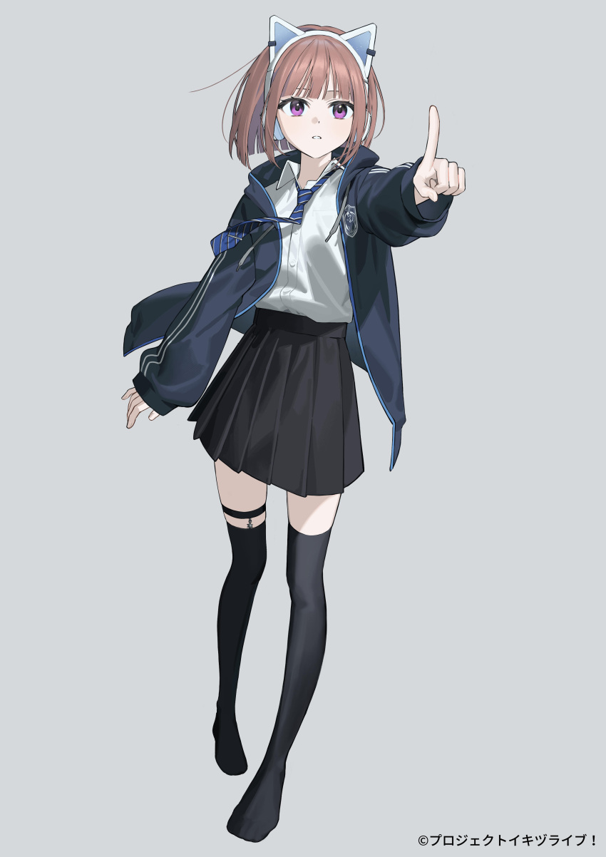 1girl, absurdres, animal_ear_headphones, animal_ears, black_jacket, black_skirt, black_thighhighs, blue_necktie