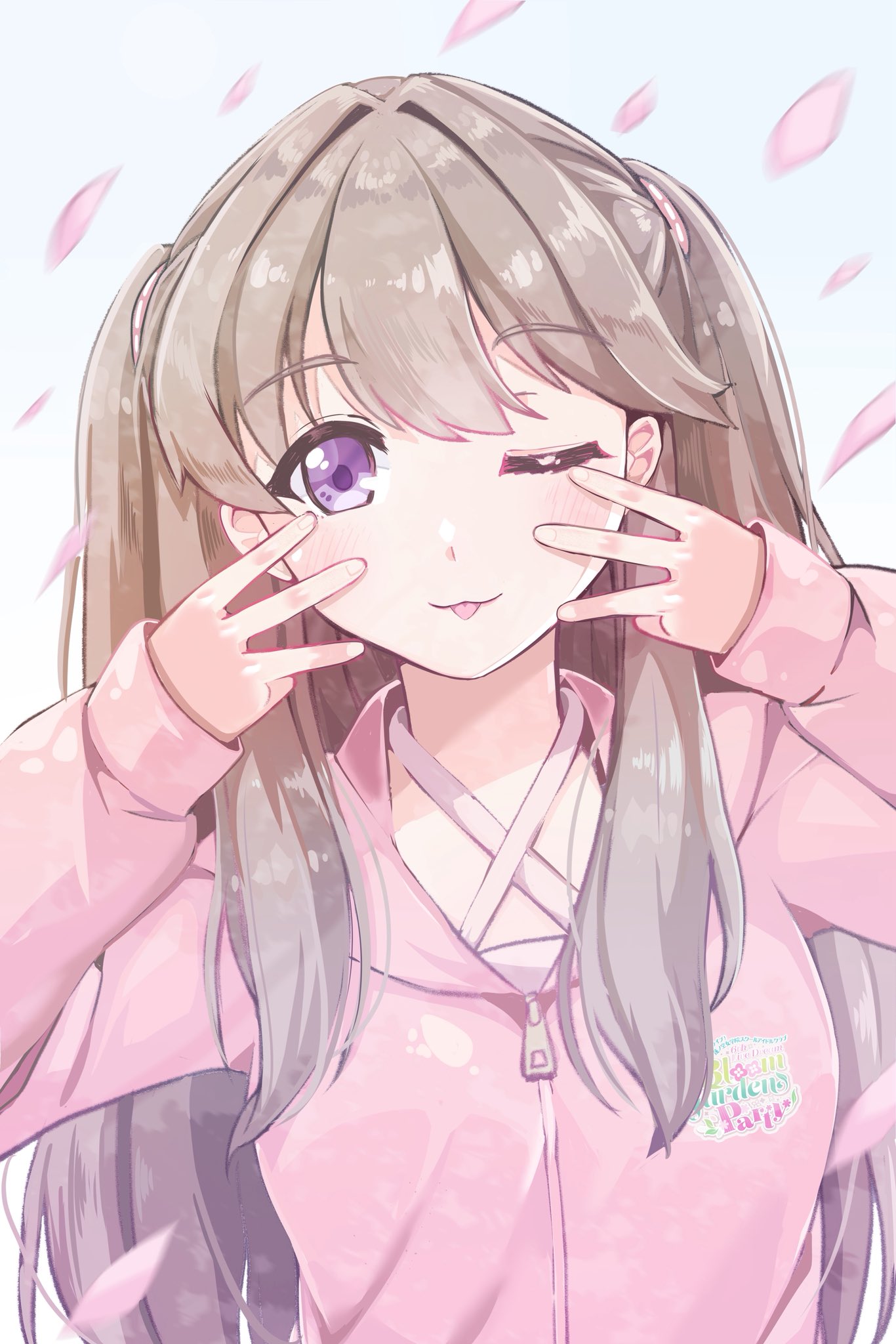 1girl, bloom_garden_party_jacket, brown_hair, commentary_request, criss-cross_halter, double_middle_w, falling_petals, finger_counting