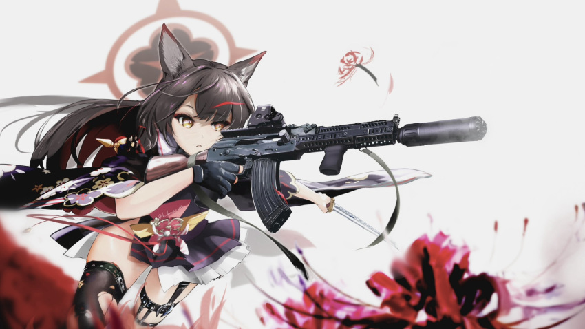 1girl, animal_ears, b-luck_coffee, black_hair, black_halo, blue_archive, fingerless_gloves, flower