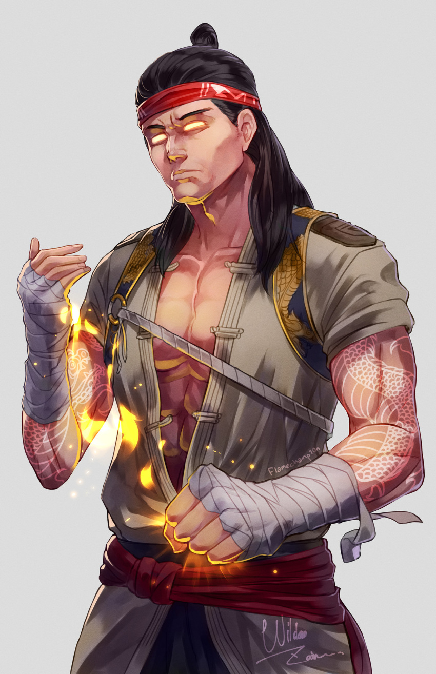 1boy, arm_tattoo, bandages, black_hair, black_pants, chinese_clothes, clenched_hand, cowboy_shot