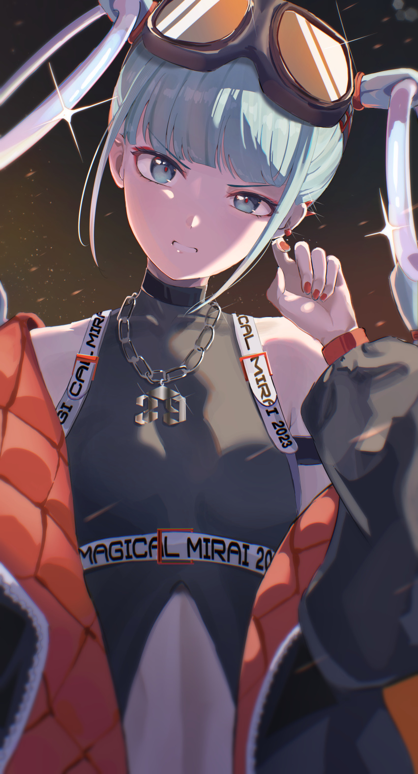 1girl, absurdres, aqua_eyes, aqua_hair, blush, breasts, chain, chain_necklace