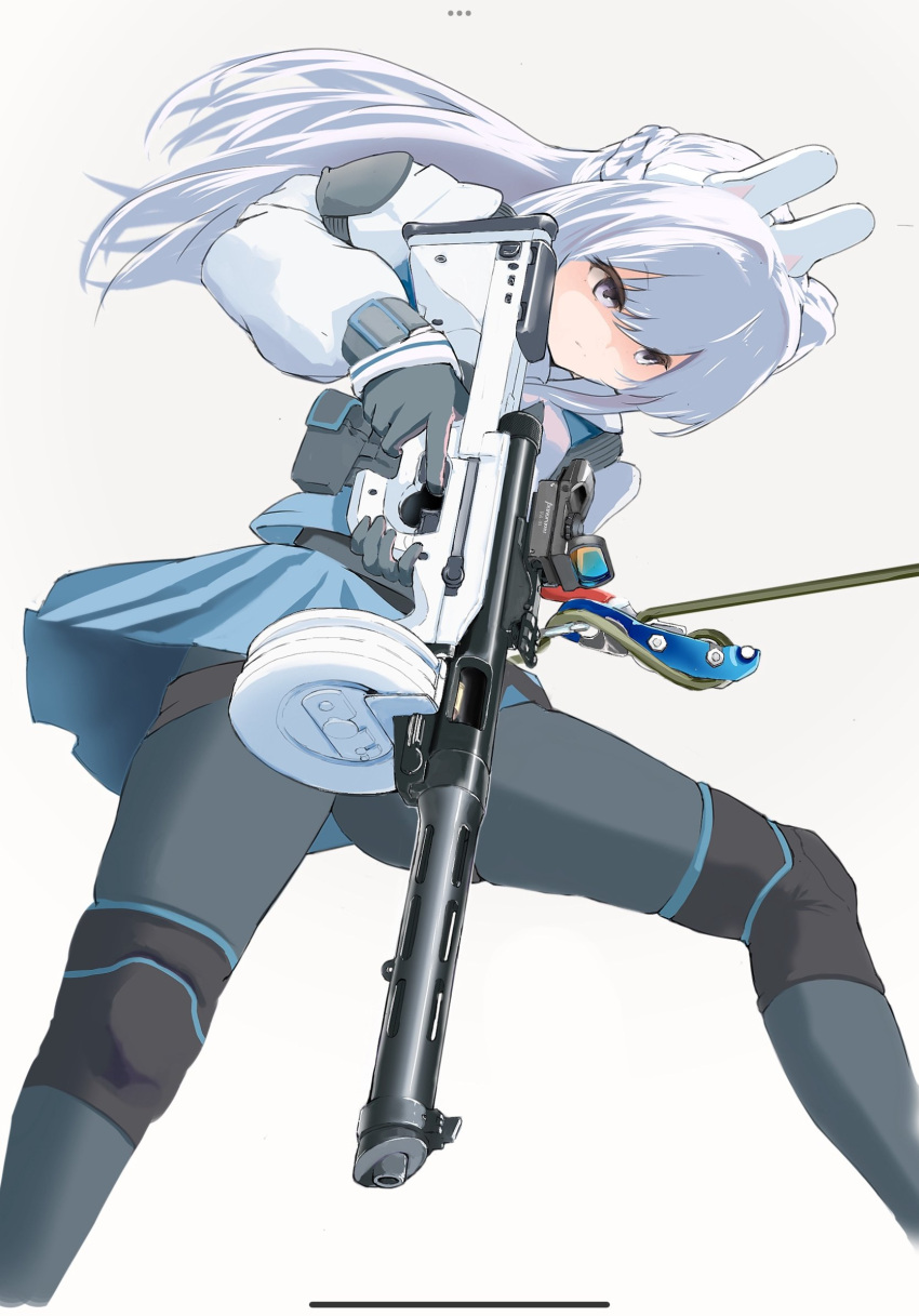 aqua_skirt, b-luck_coffee, blue_archive, drum_magazine, finger_on_trigger, gun, highres, holding