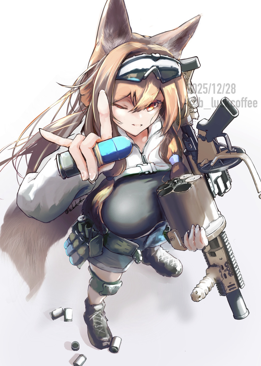 2025, animal_ears, b-luck_coffee, belt_pouch, blonde_hair, breasts, dated, eyewear_on_head