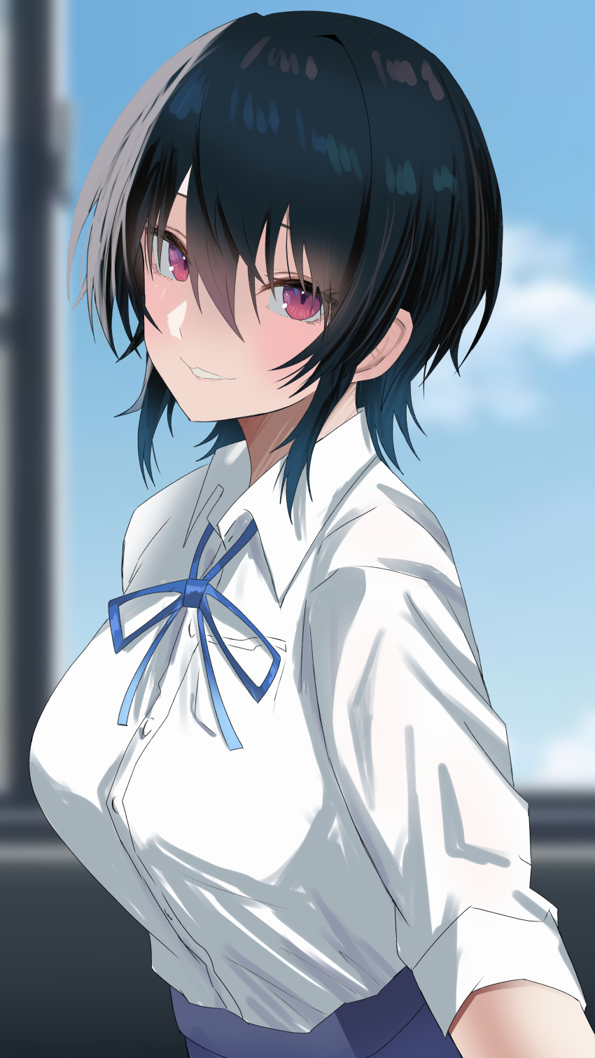 1girl, absurdres, asanagi_umi, black_hair, blue_ribbon, blurry, blurry_background, blush