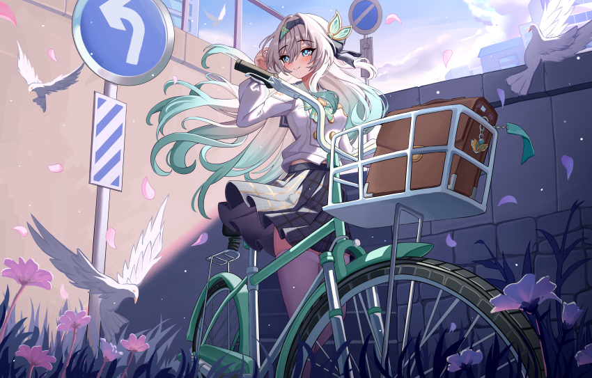 1girl, absurdres, aichinaigai, animal, aqua_eyes, bicycle, bird, black_hairband