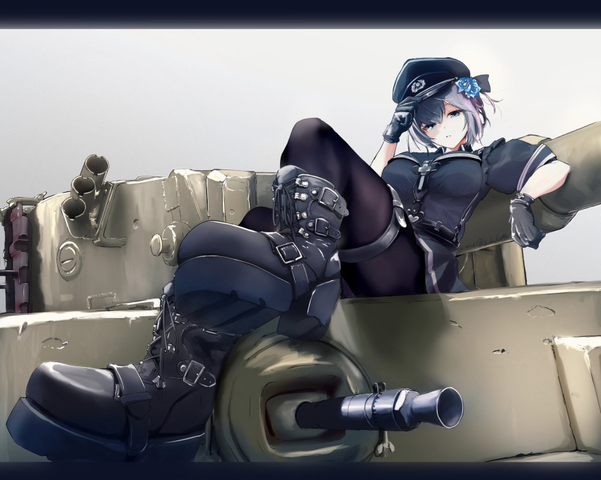 1girl, b-luck_coffee, black_pantyhose, black_shirt, boots, cannon, hat, high_heel_boots