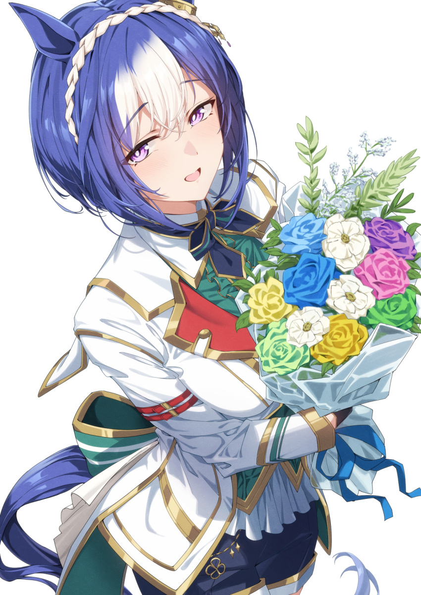 1girl, animal_ears, birthday, black_shorts, blue_hair, blue_tail, blush, bouquet