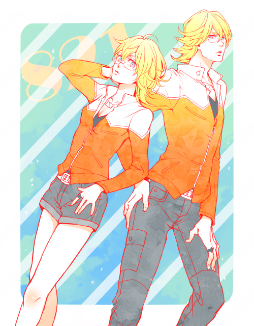 belt, blonde_hair, blue_eyes, dual_persona, genderswap, glasses, jacket, jewelry