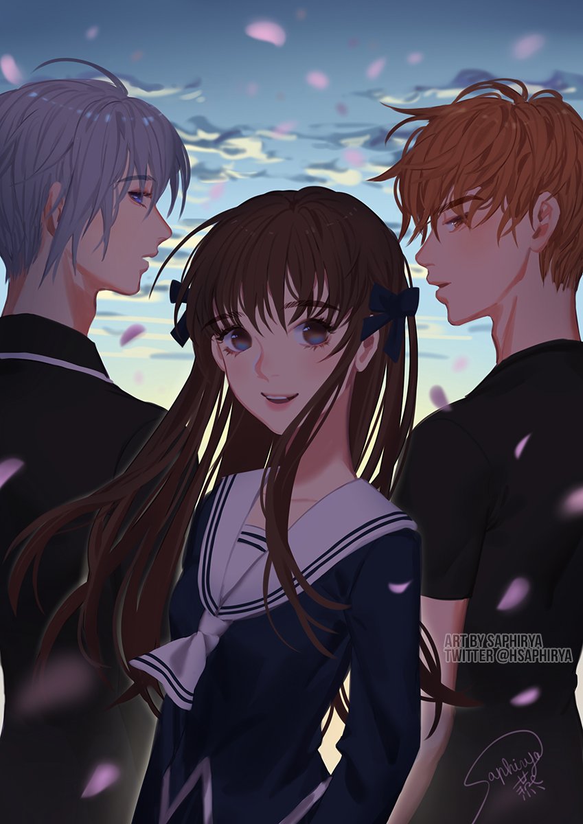 1girl, 2boys, black_shirt, blunt_bangs, blush, brown_hair, commentary, dawn