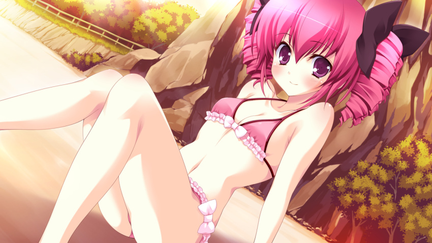 1girl, bikini, blush, breasts, cleavage, drill_hair, game_cg, hair_ribbon